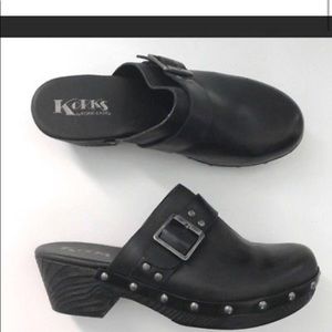 Black leather mules by Kork-ease